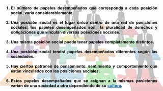 1. El número de papeles desempeñados que corresponda a cada posición
social, varía considerablemente.
2. Una posición social es el lugar único dentro de una red de posiciones
sociales; los papeles desempeñados son la pluralidad de derechos y
obligaciones que vinculan diversas posiciones sociales.
3. Una misma posición social puede tener papeles completamente distintos.
4. Una posición social tendrá papeles desempeñados diferentes según las
sociedades.
5. Hay ciertos patrones de pensamiento, sentimiento y comportamiento que
están vinculados con las posiciones sociales.
6. Estos papeles desempeñados que se asignan a la mismas posiciones
varían de una sociedad a otra dependiendo de su cultura.
 