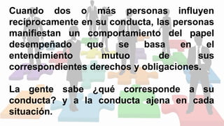 Cuando dos o más personas influyen
recíprocamente en su conducta, las personas
manifiestan un comportamiento del papel
desempeñado que se basa en el
entendimiento mutuo de sus
correspondientes derechos y obligaciones.
La gente sabe ¿qué corresponde a su
conducta? y a la conducta ajena en cada
situación.
 