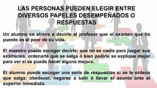 LAS PERSONAS PUEDEN ELEGIR ENTRE
DIVERSOS PAPELES DESEMPEÑADOS O
RESPUESTAS
Un alumno se atreve a decirle al profesor que el examen que ha
puesto es el peor de su vida.
El maestro puede escoger decirle: que no es nadie para juzgar sus
exámenes, ordenarle que se salga ó bien pedirle se explique mejor
para ver si se puede hacer alguna mejora.
El alumno puede escoger una serie de respuestas si se le ordena
que salga: obedecer, negarse a salir ó llevar el asunto ante el
superior inmediato.
 