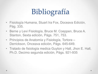 Bibliografía
• Fisiología Humana, Stuart Ira Fox, Doceava Edición,
Pág. 335.
• Berne y Levi Fisiología, Bruce M. Coeppen, Bruce A.
Stanton, Sexta edición, Págs. 751, 753.
• Principios de Anatomía y Fisiología, Tortora –
Derrickson, Onceava edición, Págs. 645-649.
• Tratado de fisiología medica Guyton y Hall, Jhon E. Hall,
Ph.D. Decimo segunda edición, Págs. 921-935
 