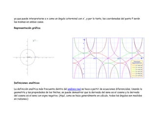 ya que puede interpretarse a x como un ángulo coterminal con x', y por lo tanto, las coordenadas del punto P serán
las mismas en ambos casos.

Representación gráfica




Definiciones analíticas

La definición analítica más frecuente dentro del análisis real se hace a partir de ecuaciones diferenciales. Usando la
geometría y las propiedades de los límites, se puede demostrar que la derivada del seno es el coseno y la derivada
del coseno es el seno con signo negativo. (Aquí, como se hace generalmente en cálculo, todos los ángulos son medidos
en radianes.)
 