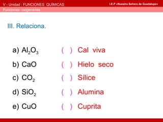 V - Unidad : FUNCIONES QUÍMICAS
Funciones oxigenadas
I.E.P «Nuestra Señora de Guadalupe»
III. Relaciona.
a) Al2O3 ( ) Cal viva
b) CaO ( ) Hielo seco
c) CO2 ( ) Sílice
d) SiO2 ( ) Alumina
e) CuO ( ) Cuprita
 