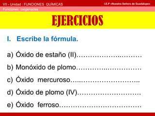 VII - Unidad : FUNCIONES QUÍMICAS
Funciones oxigenadas
I.E.P «Nuestra Señora de Guadalupe»
I. Escribe la fórmula.
EJERCICIOS
a) Óxido de estaño (II)………………..………
b) Monóxido de plomo…………..……………
c) Óxido mercuroso…..……………………..
d) Óxido de plomo (IV)……………………….
e) Óxido ferroso………………………………
 