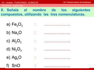 VII - Unidad : FUNCIONES QUÍMICAS
Funciones oxigenadas
I.E.P «Nuestra Señora de Guadalupe»
II. Señala el nombre de los siguientes
compuestos, utilizando las tres nomenclaturas.
a) Fe2O3 : ……………….
b) Na2O : ……………….
c) Al2O3 : ……………….
d) Ni2O3 : ……………….
e) Ag2O : ……………….
f) SnO : ……………….
 