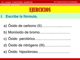 VII - Unidad : FUNCIONES QUÍMICAS
Funciones oxigenadas
I.E.P «Nuestra Señora de Guadalupe»
I. Escribe la fórmula.
EJERCICIOS
a) Óxido de carbono (II)……………..………
b) Monóxido de bromo………..……………
c) Óxido perclórico…..……………………..
d) Óxido de nitrógeno (III)………………….
e) Óxido hipocloroso………………………
 