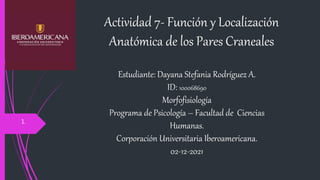 Estudiante: Dayana Stefania Rodríguez A.
ID: 100068690
Morfofisiología
Programa de Psicología – Facultad de Ciencias
Humanas.
Corporación Universitaria Iberoamericana.
02-12-2021
Actividad 7- Función y Localización
Anatómica de los Pares Craneales
1.
 