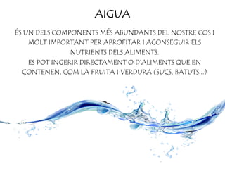 AIGUA
ÉS UN DELS COMPONENTS MÉS ABUNDANTS DEL NOSTRE COS I
MOLT IMPORTANT PER APROFITAR I ACONSEGUIR ELS
NUTRIENTS DELS ALIMENTS.
ES POT INGERIR DIRECTAMENT O D’ALIMENTS QUE EN
CONTENEN, COM LA FRUITA I VERDURA (SUCS, BATUTS...)
 
