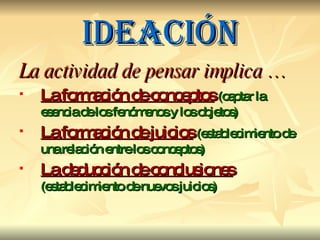 IDEACIóN La actividad de pensar implica … La formación de conceptos   (captar la esencia de los fenómenos y los objetos) La formación de juicios   (establecimiento de una relación entre los conceptos) La deducción de conclusiones   (establecimiento de nuevos juicios) 
