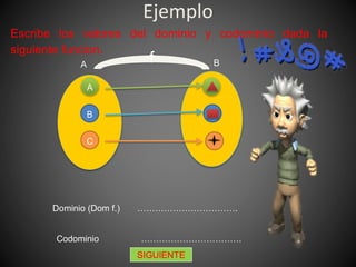 Ejemplo
Escribe los valores del dominio y codominio dada la
siguiente funcion.
A B f
A
B
C
Dominio (Dom f.) …………………………….
Codominio …………………………….