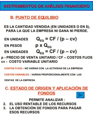 INSTRUMENTOS DE ANÁLISIS FINANCIERO B.  PUNTO DE EQUILIBIO ES LA CANTIDAD VENDIDA (EN UNIDADES O EN $), PARA LA QUE LA EMPRESA NI GANA NI PIERDE. EN UNIDADES   Q EQ  = CF / (p – cv) EN PESOS   p x Q EQ COSTOS FIJOS  – NO VARÍAN CON  LA ACTIVIDAD DE LA EMPRESA COSTOS VARIABLES  – VARÍAN PROPORCIONALMENTE CON  LAS VENTAS  DE LA EMPRESA C.  ESTADO DE ORIGEN Y APLICACIÓN DE FONDOS PERMITE ANALIZAR : EL USO RENTABLE DE LOS RECURSOS LA OBTENCIÓN DE FONDOS PARA PAGAR ESOS RECURSOS EN UNIDADES   Q EQ  = CF / (p – cv) p - PRECIO DE VENTA UNITARIO / CF – COSTOS FIJOS cv -  COSTO VARIABLE UNITARIO 
