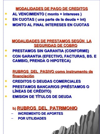 <ul><li>MODALIDADES DE PAGO DE CREDITOS </li></ul><ul><li>AL VENCIMIENTO ( monto + intereses ) </li></ul><ul><li>EN CUOTAS...