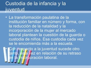 Custodia de la infancia y la juventud La transformación paulatina de la institución familiar en número y forma, con la reducción de la natalidad y la incorporación de la mujer al mercado laboral plantean la cuestión de la guarda o custodia de niños. Esa custodia cada vez se le encomienda más a la escuela.  Con respecto a la juventud sucede otro tanto, esta vez en relación de su retraso en la incorporación laboral. 