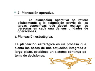  2. Planeación operativa.
La planeación operativa se refiere
básicamente a la asignación previa de las
tareas específicas que deben realizar las
personas en cada una de sus unidades de
operaciones.
3. Planeación estratégica.
La planeación estratégica es un proceso que
sienta las bases de una actuación integrada a
largo plazo, establece un sistema continuo de
toma de decisiones.
 