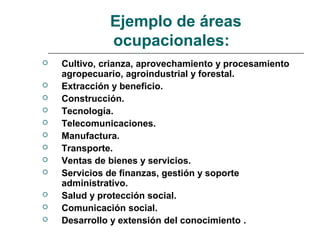 Ejemplo de áreas
ocupacionales:
 Cultivo, crianza, aprovechamiento y procesamiento
agropecuario, agroindustrial y forestal.
 Extracción y beneficio.
 Construcción.
 Tecnología.
 Telecomunicaciones.
 Manufactura.
 Transporte.
 Ventas de bienes y servicios.
 Servicios de finanzas, gestión y soporte
administrativo.
 Salud y protección social.
 Comunicación social.
 Desarrollo y extensión del conocimiento .
 