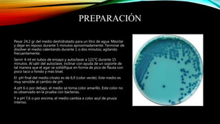 PREPARACIÓN
Pesar 24,2 gr del medio deshidratado para un litro de agua. Mezclar
y dejar en reposo durante 5 minutos aproximadamente. Terminar de
disolver el medio calentando durante 1 o dos minutos, agitando
frecuentemente.
Servir 4 ml en tubos de ensayo y autoclavar a 121°C durante 15
minutos. Al salir del autoclave, inclinar con ayuda de un soporte de
tal manera que el agar se solidifique en forma de pico de flauta con
poco taco o fondo y más bisel.
El pH final del medio citrato es de 6,9 (color verde). Este medio es
muy sensible al cambio de pH.
A pH 6 o por debajo, el medio se torna color amarillo. Este color no
es observado en la prueba con bacterias.
Y a pH 7,6 o por encima, el medio cambia a color azul de prusia
intenso.
 