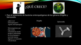 ¿QUÉ CRECE?
• Para el aislamiento de bacterias enteropatógenas de los géneros Shigella y
Salmonella.
¿Qué es un
Enteropatogeno?
Agente enteropatógeno
Microorganismo que
bajo ciertas
circunstancias puede
producir enfermedad
en el ser humano a
nivel del sistema
digestivo, se transmite
vía oral-fecal.
Shigella
Salmonella
 