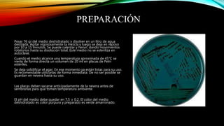 PREPARACIÓN
Pesar 76 gr del medio deshidratado y disolver en un litro de agua
destilada. Agitar vigorosamente la mezcla y luego se deja en reposo
por 10 a 15 minutos. Se puede calentar y hervir, dando movimientos
rotatorios hasta su disolución total. Este medio no se esteriliza en
autoclave.
Cuando el medio alcance una temperatura aproximada de 45°C se
vierte de forma directa un volumen de 20 ml en placas de Petri
estériles.
Se deja solidificar el agar. En ese momento ya están listas para su uso.
Es recomendable utilizarlas de forma inmediata. De no ser posible se
guardan en nevera hasta su uso.
Las placas deben sacarse anticipadamente de la nevera antes de
sembrarlas para que tomen temperatura ambiente.
El pH del medio debe quedar en 7,5 ± 0,2. El color del medio
deshidratado es color púrpura y preparado es verde amarronado.
 