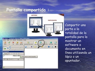 Pantalla compartida :   Compartir una parte o la totalidad de la pantalla para la mostrar un software o documento en línea utilizando un lápiz o un apuntador.   