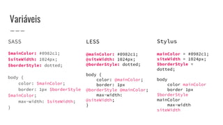Variáveis
SASS
$mainColor: #0982c1;
$siteWidth: 1024px;
$borderStyle: dotted;
body {
color: $mainColor;
border: 1px $borderStyle
$mainColor;
max-width: $siteWidth;
}
LESS
@mainColor: #0982c1;
@siteWidth: 1024px;
@borderStyle: dotted;
body {
color: @mainColor;
border: 1px
@borderStyle @mainColor;
max-width:
@siteWidth;
}
Stylus
mainColor = #0982c1;
siteWidth = 1024px;
$borderStyle =
dotted;
body
color mainColor
border 1px
$borderStyle
mainColor
max-width
siteWidth
 