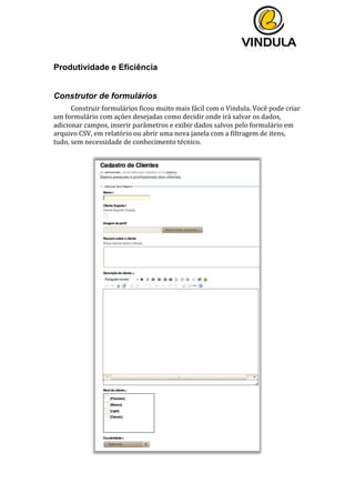  
	
  
	
  
	
  
Produtividade e Eficiência
Construtor de formulários
Construir	
  formulários	
  ficou	
  muito	
  mais	
  fácil	
  com	
  o	
  Vindula.	
  Você	
  pode	
  criar	
  
um	
  formulário	
  com	
  ações	
  desejadas	
  como	
  decidir	
  onde	
  irá	
  salvar	
  os	
  dados,	
  
adicionar	
  campos,	
  inserir	
  parâmetros	
  e	
  exibir	
  dados	
  salvos	
  pelo	
  formulário	
  em	
  
arquivo	
  CSV,	
  em	
  relatório	
  ou	
  abrir	
  uma	
  nova	
  janela	
  com	
  a	
  filtragem	
  de	
  itens,	
  
tudo,	
  sem	
  necessidade	
  de	
  conhecimento	
  técnico.	
  
	
  
	
  
 