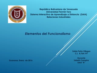 Elementos del Funcionalismo
Guarenas, Enero de 2016
Zaida Peña Villegas
C.I. 8.764.197
Docente
Lisbeth Campins
SAIA “B”
República Bolivariana de Venezuela
Universidad Fermín Toro
Sistema Interactivo de Aprendizaje a Distancia (SAIA)
Relaciones Industriales