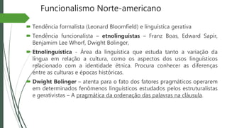 Funcionalismo Norte-americano
 Tendência formalista (Leonard Bloomfield) e linguística gerativa
 Tendência funcionalista – etnolinguistas – Franz Boas, Edward Sapir,
Benjamim Lee Whorf, Dwight Bolinger,
 Etnolinguística - Área da linguística que estuda tanto a variação da
língua em relação a cultura, como os aspectos dos usos linguísticos
relacionado com a identidade étnica. Procura conhecer as diferenças
entre as culturas e épocas históricas.
 Dwight Bolinger – atenta para o fato dos fatores pragmáticos operarem
em determinados fenômenos linguísticos estudados pelos estruturalistas
e gerativistas – A pragmática da ordenação das palavras na cláusula.
 