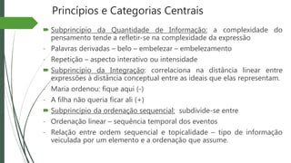 Princípios e Categorias Centrais
 Subprincípio da Quantidade de Informação: a complexidade do
pensamento tende a refletir-se na complexidade da expressão
- Palavras derivadas – belo – embelezar – embelezamento
- Repetição – aspecto interativo ou intensidade
 Subprincípio da Integração: correlaciona na distância linear entre
expressões à distância conceptual entre as ideais que elas representam.
- Maria ordenou: fique aqui (-)
- A filha não queria ficar ali (+)
 Subprincípio da ordenação sequencial: subdivide-se entre
- Ordenação linear – sequência temporal dos eventos
- Relação entre ordem sequencial e topicalidade – tipo de informação
veiculada por um elemento e a ordenação que assume.
 