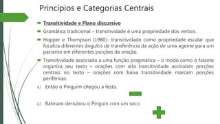 Princípios e Categorias Centrais
 Transitividade e Plano discursivo
 Gramática tradicional – transitividade é uma propriedade dos verbos.
 Hopper e Thompson (1980)- transitividade como propriedade escalar que
focaliza diferentes ângulos de transferência da ação de uma agente para um
paciente em diferentes porções da oração.
 Transitividade associada a uma função pragmática – o modo como o falante
organiza seu texto – orações com alta transitividade assinalam porções
centrais no texto – orações com baixa transitividade marcam porções
periféricas.
a) Então o Pinguim chegou a festa.
a) Batmam derrubou o Pinguin com um soco.
 