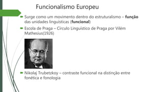 Funcionalismo Europeu
 Surge como um movimento dentro do estruturalismo – função
das unidades linguísticas (funcional)
 Escola de Praga – Círculo Linguístico de Praga por Vilém
Mathesius(1926)
 Nikolaj Trubetzkoy – contraste funcional na distinção entre
fonética e fonologia
 