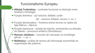 Funcionalismo Europeu
 Nikolaj Trubetzkoy – contraste funcional na distinção entre
fonética e fonologia
 Função distintiva - /p/ oclusivo, bilabial, surdo
/b/ - oclusivo, bilabial, sonoro (+ ou -)
 Função demarcadora – fronteira entres formas na cadeia da
fala (fábrica – fabrica)
 Função expressiva – estado de espírito, sentimentos ou atitudes
do falante – pronúncia enfática (/liiiiiindooo/)
 Romam Jakobson – conceito de marcação na morfologia
(plural - + ou -)
 Mathesius – análise de termos da informação transmitida na
organização das palavras.
 