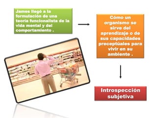 James llegó a la
formulación de una
teoría funcionalista de la
vida mental y del
comportamiento .
Cómo un
organismo se
sirve del
aprendizaje o de
sus capacidades
preceptúales para
vivir en su
ambiente .
Introspección
subjetiva
 