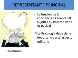 REPRESENTANTE PRINCIPAL
WILLIAMS JAMES
• La función de la
conciencia es adaptar al
sujeto a su entorno (y no
es pasiva)
La Psicología debe darle
importancia a su aspecto
utilitario
 