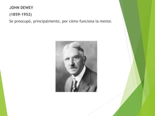 JOHN DEWEY
(1859-1952)
Se preocupó, principalmente, por cómo funciona la mente.
 