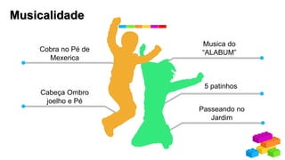 Musicalidade
Cobra no Pé de
Mexerica
Musica do
“ALABUM”
5 patinhos
Cabeça Ombro
joelho e Pé
Passeando no
Jardim
 
