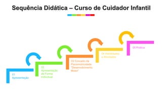 Sequência Didática – Curso de Cuidador Infantil
02
Apresentação
de Forma
Individual
03 Conceito da
Psicomotricidade
“Desenvolvimento
Motor”
04 Habilidades
e Atividades
01
Apresentação
05 Prática
 