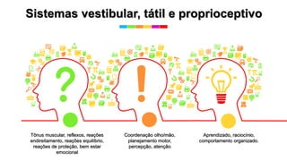 Sistemas vestibular, tátil e proprioceptivo
Tônus muscular, reflexos, reações
endireitamento, reações equilíbrio,
reações de proteção, bem estar
emocional
Coordenação olho/mão,
planejamento motor,
percepção, atenção
Aprendizado, raciocínio,
comportamento organizado.
 