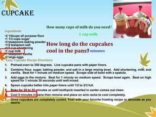 CUPCAKE
Ingredients
•2 1/4cups all purpose flour
•1 1/3 cups sugar
•3 teaspoons baking powder
•1/2 teaspoon salt
•1/2 cup shortening
•1 cup milk
•1 teaspoon vanilla
•2 large eggs
Easy Cupcake Recipe Directions
1. Preheat oven to 350 degrees. Line cupcake pans with paper liners.
2. Combine flour, sugar, baking powder, and salt in a large mixing bowl. Add shortening, milk, and
vanilla. Beat for 1 minute on medium speed. Scrape side of bowl with a spatula.
3. Add eggs to the mixture. Beat for 1 minute on medium speed. Scrape bowl again. Beat on high
speed for 1 minute 30 seconds until well mixed.
4. Spoon cupcake batter into paper liners until 1/2 to 2/3 full.
5. Bake for 20 to 25 minutes or until toothpick inserted in center comes out clean.
6. Cool 5 minutes in pans then remove and place on wire racks to cool completely.
7. Once cupcakes are completely cooled, frost with your favorite frosting recipe or decorate as you
desire.
How many cups of milk do you need?
1 cup milk
How long do the cupcakes
cool in the pans?5 minutes
 