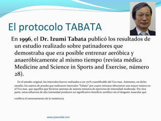 El protocolo TABATA
En 1996, el Dr. Izumi Tabata publicó los resultados de
 un estudio realizado sobre patinadores que
 demostraba que era posible entrenar aeróbica y
 anaeróbicamente al mismo tiempo (revista médica
 Medicine and Science in Sports and Exercise, número
 28).
    En el estudio original, los intervalos fueron realizados a un 170% cuantificable del Vo2 max. Asimismo, en dicho
 estudio, los sujetos de prueba que realizaron intervalos “Tabata” por cuatro minutos obtuvieron una mayor mejora en
 el Vo2 max. que aquellos que hicieron sesiones de sesenta minutos de ejercicios de intensidad moderada. Por otra
 parte, estos esfuerzos de alta intensidad producen un significativo beneficio aeróbico sin el desgaste muscular que

 conlleva el entrenamiento de la resistencia.




                             www.josevidal.com
 