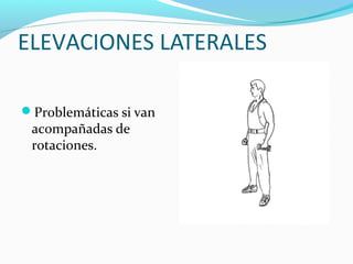 ELEVACIONES LATERALES

Problemáticas si van
 acompañadas de
 rotaciones.
 