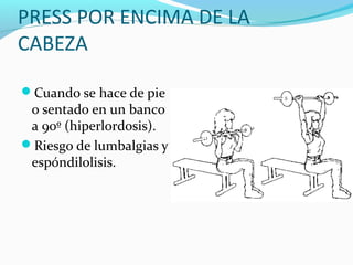 PRESS POR ENCIMA DE LA
CABEZA

Cuando se hace de pie
 o sentado en un banco
 a 90º (hiperlordosis).
Riesgo de lumbalgias y
 espóndilolisis.
 