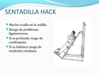 SENTADILLA HACK
Mucha cizalla en la rodilla.
Riesgo de problemas
 ligamentosos.
Si es profunda riesgo de
 condropatia.
Si es balística riesgo de
 tendinitis rotuliana.
 