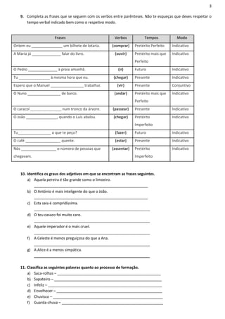 3

   9. Completa as frases que se seguem com os verbos entre parênteses. Não te esqueças que deves respeitar o
      tempo verbal indicado bem como o respetivo modo.


                       Frases                            Verbos            Tempos           Modo
Ontem eu _______________ um bilhete de lotaria.         (comprar)    Pretérito Perfeito   Indicativo
A Maria já ______________ falar do livro.                (ouvir)     Pretérito mais que   Indicativo
                                                                     Perfeito
O Pedro ______________ à praia amanhã.                     (ir)      Futuro               Indicativo
Tu _______________ à mesma hora que eu.                  (chegar)    Presente             Indicativo
Espero que o Manuel ________________ trabalhar.            (vir)     Presente             Conjuntivo
O Nuno ________________ de barco.                        (andar)     Pretérito mais que   Indicativo
                                                                     Perfeito
O caracol _______________ num tronco da árvore.         (passear)    Presente             Indicativo
O João _______________, quando o Luís abalou.            (chegar)    Pretérito            Indicativo
                                                                     Imperfeito
Tu________________ o que te peço?                        (fazer)     Futuro               Indicativo
O café _________________ quente.                         (estar)     Presente             Indicativo
Nós _________________ o número de pessoas que           (assentar)   Pretérito            Indicativo
chegavam.                                                            Imperfeito



   10. Identifica os graus dos adjetivos em que se encontram as frases seguintes.
       a) Aquela pereira é tão grande como o limoeiro.
           _______________________________________________________
       b) O António é mais inteligente do que o João.
           _______________________________________________________
       c) Esta saia é compridíssima.
           ________________________________________________________
       d) O teu casaco foi muito caro.
           ________________________________________________________
       e) Aquele imperador é o mais cruel.
           ________________________________________________________
       f) A Celeste é menos preguiçosa do que a Ana.
           ________________________________________________________
       g) A Alice é a menos simpática.
           ________________________________________________________

   11. Classifica as seguintes palavras quanto ao processo de formação.
       a) Saca-rolhas – __________________________________________________
       b) Sapateiro – ____________________________________________________
       c) Infeliz – _______________________________________________________
       d) Envelhecer – ___________________________________________________
       e) Chuvisco – _____________________________________________________
       f) Guarda-chuva – _________________________________________________
 