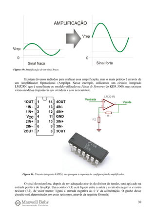 Existem diversos métodos para realizar essa amplificação, mas o mais prático é através de
um Amplificador Operacional (AmpOp). Nesse exemplo, utilizamos um circuito integrado
LM324N, que é semelhante ao modelo utilizado na Placa de Sensores do KDR 5000, mas existem
vários modelos disponíveis que atendem a essa necessidade.
O sinal do microfone, depois de ser adequado através do divisor de tensão, será aplicado na
entrada positiva do AmpOp. Um resistor (R1) será ligado entre a saída e a entrada negativa e outro
resistor (R2), de valor menor, ligará a entrada negativa ao 0 V da alimentação. O ganho desse
circuito será determinado por esses resistores, através da seguinte fórmula:
30
Figura 40: Amplificação de um sinal fraco.
Figura 41: Circuito integrado LM324, sua pinagem e esquema da configuração de amplificador.
 