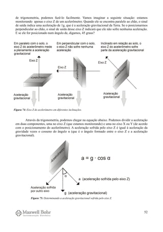 de trigonometria, podemos fazê-lo facilmente. Vamos imaginar a seguinte situação: estamos
monitorando apenas o eixo Z de um acelerômetro. Quando ele se encontra paralelo ao chão, o sinal
de saída indica uma aceleração de 1g, que é a aceleração gravitacional da Terra. Se o posicionarmos
perpendicular ao chão, o sinal de saída desse eixo Z indicará que ele não sofre nenhuma aceleração.
E se ele for posicionado num ângulo de, digamos, 45 graus?
Através da trigonometria, podemos chegar na equação abaixo. Podemos dividir a aceleração
em duas componentes, uma no eixo Z (que estamos monitorando) e uma no eixo X ou Y (de acordo
com o posicionamento do acelerômetro). A aceleração sofrida pelo eixo Z é igual à aceleração da
gravidade vezes o cosseno do ângulo α (que é o ângulo formado entre o eixo Z e a aceleração
gravitacional).
52
Figura 74: Eixo Z do acelerômetro em diferentes inclinações.
Figura 75: Determinando a aceleração gravitacional sofrida pelo eixo Z.
 