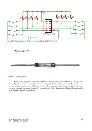 Chave magnética
Uma chave magnética (também conhecida como “reed switch”) nada mais é do que uma
chave digital, só que acionada por um imã. Tratam-se de dois contatos de metal que no estado
normal mantém-se em aberto. Porém, na presença de um campo magnético, os contatos se fecham,
podendo conduzir a corrente elétrica. Os contatos estão dentro de uma cápsula de vidro, mantendo-
se isolados da corrosão atmosférica.
69
Figura 96: Ligando as chaves digitais ao conector de Entradas Digitais do Kit.
Figura 97: Chave magnética
 