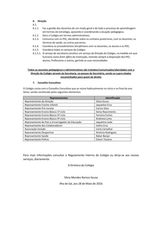 6. Direção
6.1.
6.1.1. Faz a gestão dos docentes de um modo geral e de todo o processo de aprendizagem
em termos de estratégia, apoiando e coordenando a atuação pedagógica;
6.1.2. Gere o Colégio em termos administrativos;
6.1.3. Comunica com os PEE, decidindo sobre os contatos posteriores, com os docentes, os
técnicos de saúde, ou outros parceiros;
6.1.4. Coordena os procedimentos disciplinares com os docentes, os alunos e os PEE;
6.1.5. Coordena todos os serviços do Colégio.
6.1.5.1. O serviço de secretaria constitui um serviço da Direção do Colégio, na medida em que
funciona como front office da instituição, estando sempre à disposição dos PEE,
alunos, Professores e outros, gerindo as suas necessidades.
Todos os assuntos pedagógicos e administrativos são tratados/comunicados/abordados com a
Direção do Colégio através da Secretaria, na pessoa da Secretária, sendo os supra citados
encaminhados para quem de direito
7. Conselho Consultivo
O Colégio conta com o Conselho Consultivo que se reúne habitualmente no início e no final do ano
letivo, sendo constituído pelos seguintes elementos:
Representantes Identificação
Representante da Direção Sílvia Sousa
Representante Creche Infantil Jaqueline Cruz
Representante Pré-escolar Carina Silva
Representante Ensino Básico 1º ciclo Sónia Nascimento
Representante Ensino Básico 2º ciclo Ferreira Fortes
Representante Ensino Básico 3º ciclo Andineia Lima
Representante de Pais e Encarregados de Educação Jaquelina Leda
Representante dos Colaboradores Indira Cruz
Associação Includo Carla Carvalhal
Representante Desportivo António Rodrigues
Representante Saúde Bakar Banjai
Representante Polícia Gilson Tavares
Para mais informações consultar o Regulamento Interno do Colégio ou dirija-se aos nossos
serviços, diariamente.
A Diretora do Colégio
Sílvia Mendes Ramos Sousa
Ilha do Sal, aos 28 de Maio de 2016
 