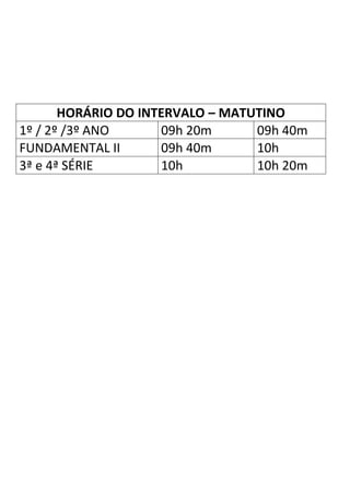 HORÁRIO DO INTERVALO – MATUTINO
1º / 2º /3º ANO      09h 20m      09h 40m
FUNDAMENTAL II       09h 40m      10h
3ª e 4ª SÉRIE        10h          10h 20m
 