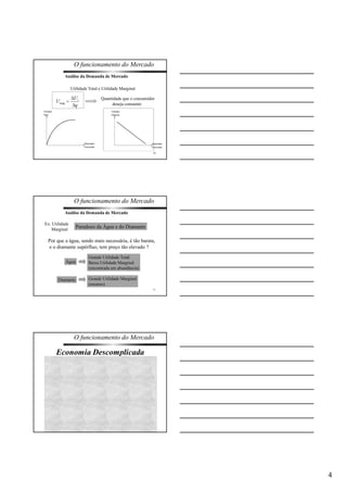4 
O funcionamento do Mercado 
Análise da Demanda de Mercado 
Utilidade Total e Utilidade Marginal 
Quantidade que o consumidor 
10 
deseja consumir. 
O funcionamento do Mercado 
11 
Análise da Demanda de Mercado 
Paradoxo da Água e do Diamante 
Ex: Utilidade 
Marginal 
Por que a água, sendo mais necessária, é tão barata, 
e o diamante supérfluo, tem preço tão elevado ? 
Água 
Grande Utilidade Total 
Baixa Utilidade Marginal 
(encontrada em abundância) 
Diamante Grande Utilidade Marginal 
(escasso) 
O funcionamento do Mercado 
Economia Descomplicada 
12 
 