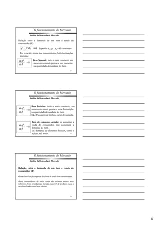 8 
O funcionamento do Mercado 
Análise da Demanda de Mercado 
Relação entre a demanda de um bem e renda do 
consumidor (R) 
qd 
i = f( R ) Supondo pi , ps , pc e G constantes 
Em relação à renda dos consumidores, há três situações 
distintas: 
qd 
22 
i 
R 
> 0 
Bem Normal: tudo o mais constante, um 
aumento na renda provoca um aumento 
na quantidade demandada do bem. 
O funcionamento do Mercado 
23 
qd 
i 
R 
< 0 
Análise da Demanda de Mercado 
Bem Inferior: tudo o mais constante, um 
aumento na renda provoca uma diminuição 
na quantidade demandada do bem. 
Ex.: Passagem de ônibus, carne de segunda. 
qd 
i 
R 
= 0 
Bem de consumo saciado: se aumentar a 
renda do consumidor, não aumentará a 
demanda do bem. 
Ex: demanda de alimentos básicos, como o 
açúcar, sal, arroz. 
O funcionamento do Mercado 
Relação entre a demanda de um bem e renda do 
consumidor (R) 
•Essa classificação depende da classe de renda dos consumidores. 
•Para consumidores de baixa renda não existem muitos bens 
inferiores. Com a renda mais elevada, maior nº de produtos passa a 
ser classificado como bem inferior. 
24 
Análise da Demanda de Mercado 
 
