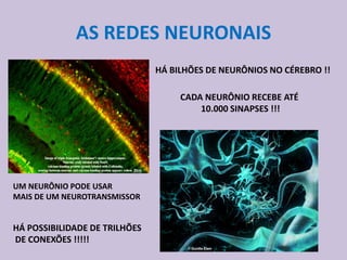 AS REDES NEURONAIS
                               HÁ BILHÕES DE NEURÔNIOS NO CÉREBRO !!

                                    CADA NEURÔNIO RECEBE ATÉ
                                        10.000 SINAPSES !!!




UM NEURÔNIO PODE USAR
MAIS DE UM NEUROTRANSMISSOR


HÁ POSSIBILIDADE DE TRILHÕES
DE CONEXÕES !!!!!
 